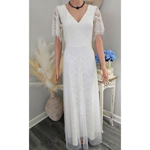 Ever Pretty Off-white Simple Lace with Ruffle Sleeves Long Dress